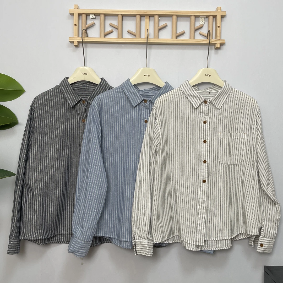【六便士】日系宽松休闲条纹衬衫女2024新款百搭盐系长袖衬衣上衣