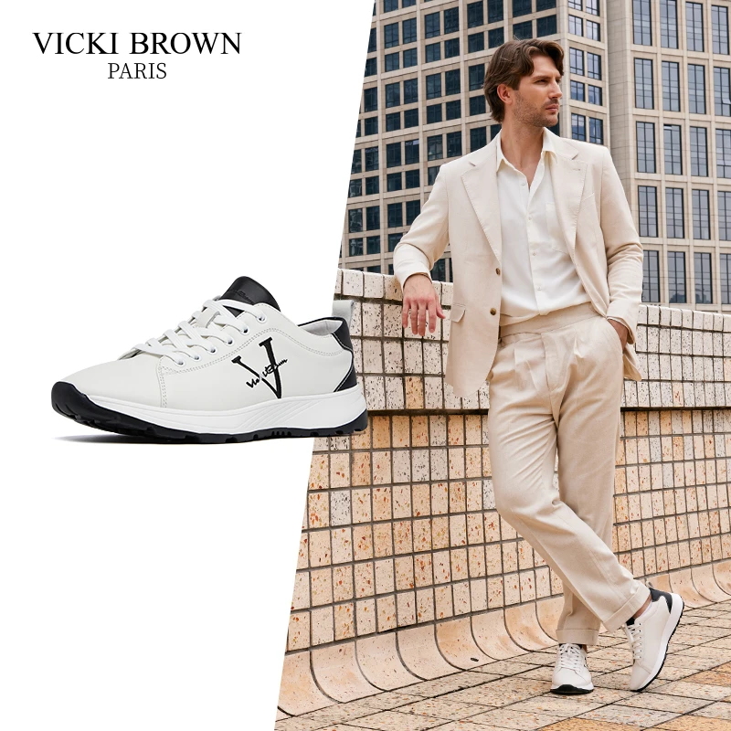 VICKI BROWN男士轻奢男时尚百搭复古刺绣运动鞋真皮舒适休闲鞋男