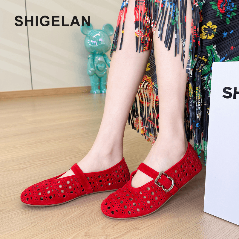 诗歌兰女鞋夏季软底红色防滑平跟浅口小众玛丽珍女鞋50611-18