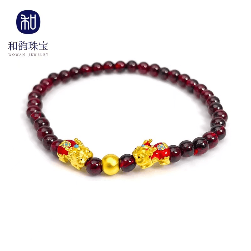 足金双宝宝貔貅金珠石榴石手串