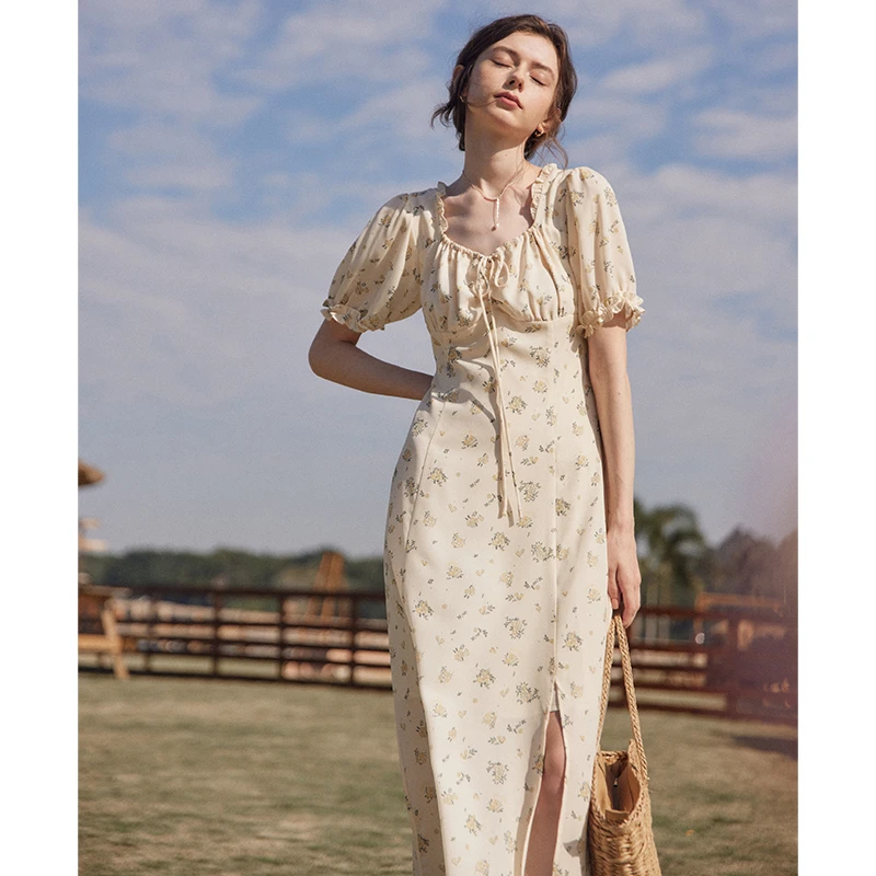 SimpleRetro碎花连衣裙女高腰方领茶歇裙法式收腰绑带长裙