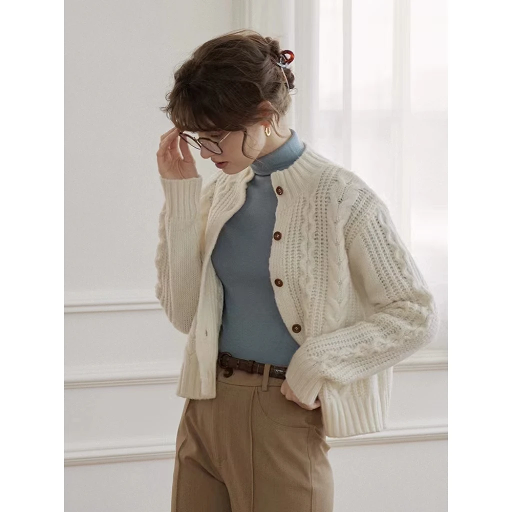 simpleretro复古新织 丝光羊毛半高领绞花毛衣女新款宽松针织开衫