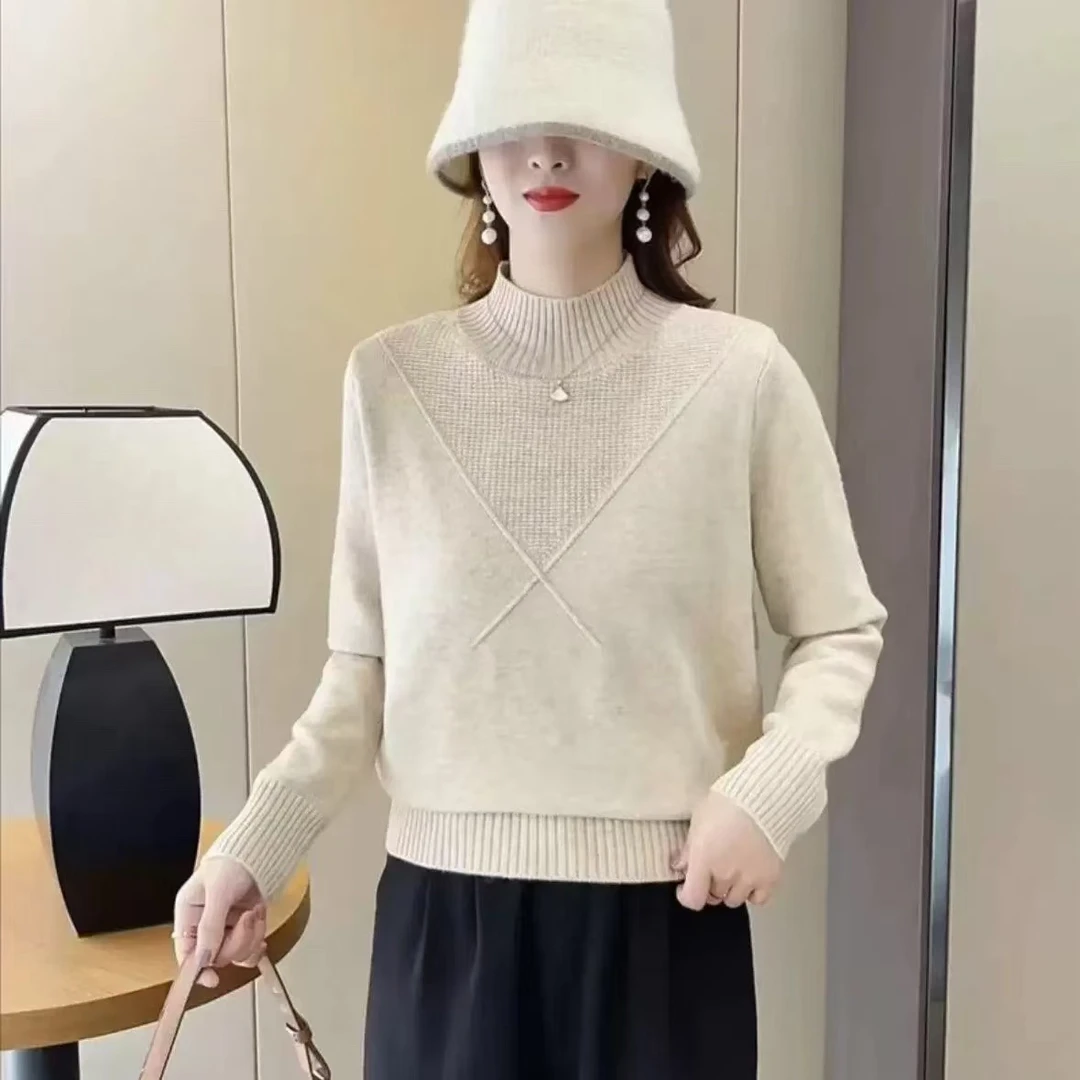 秋冬气质华夫格V字半高领纯色净版套头打底毛衣