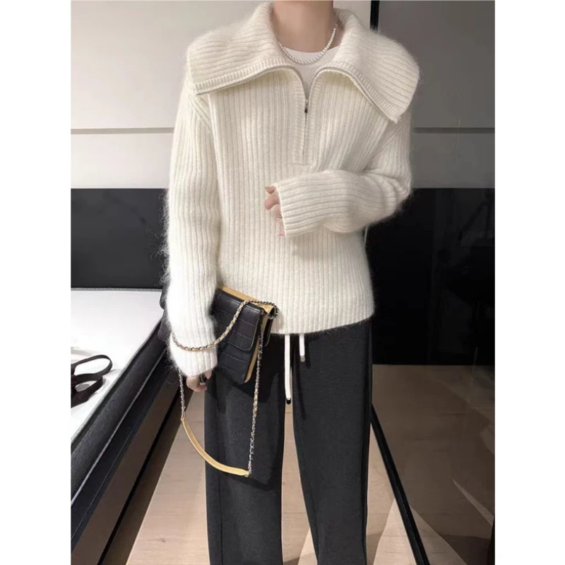 韩系纯色大翻领加厚拉链立领针织宽松大版针织衫女