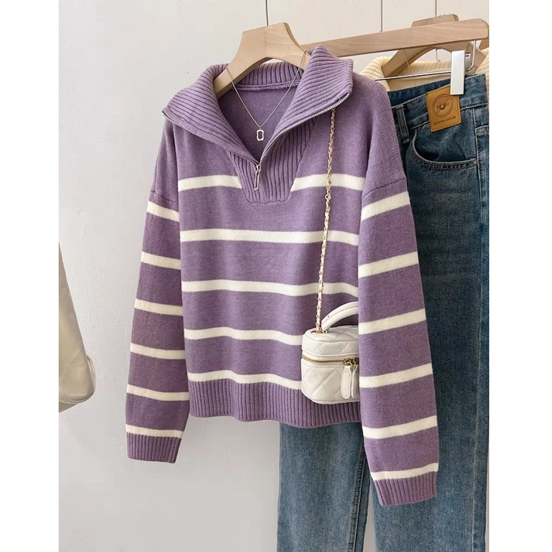 紫色条纹拉链翻领针织韩系大外套针织套头毛衣