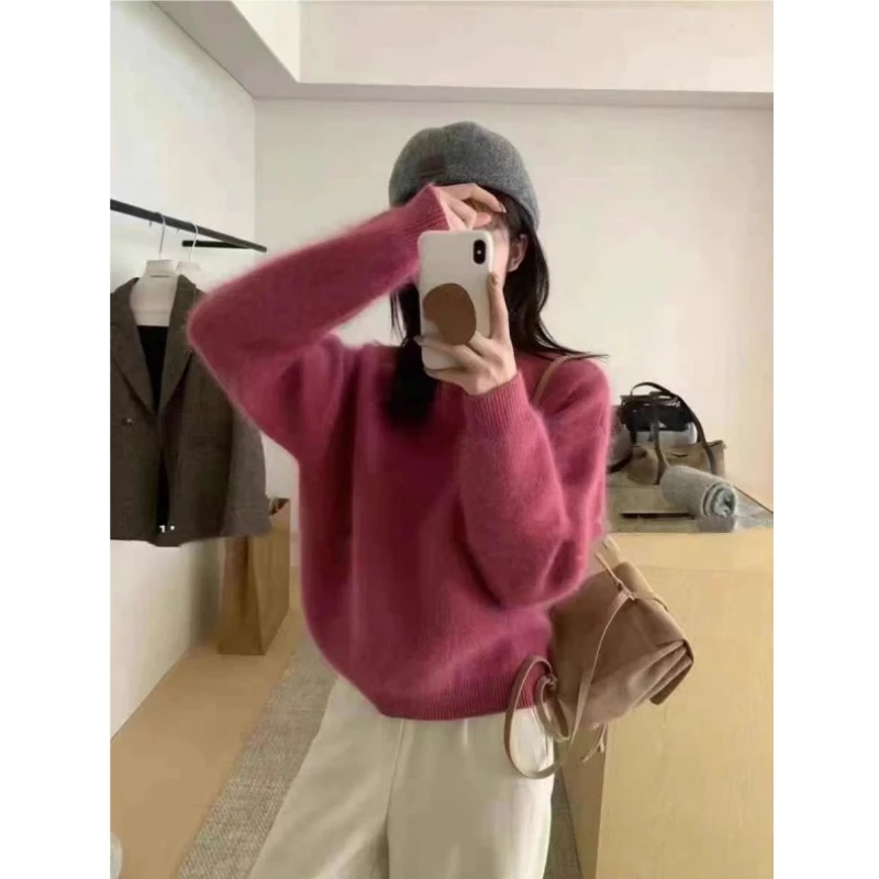 秋冬长袖新品基础百搭树莓粉纯粹针织时尚简约极简风纯色毛衣女
