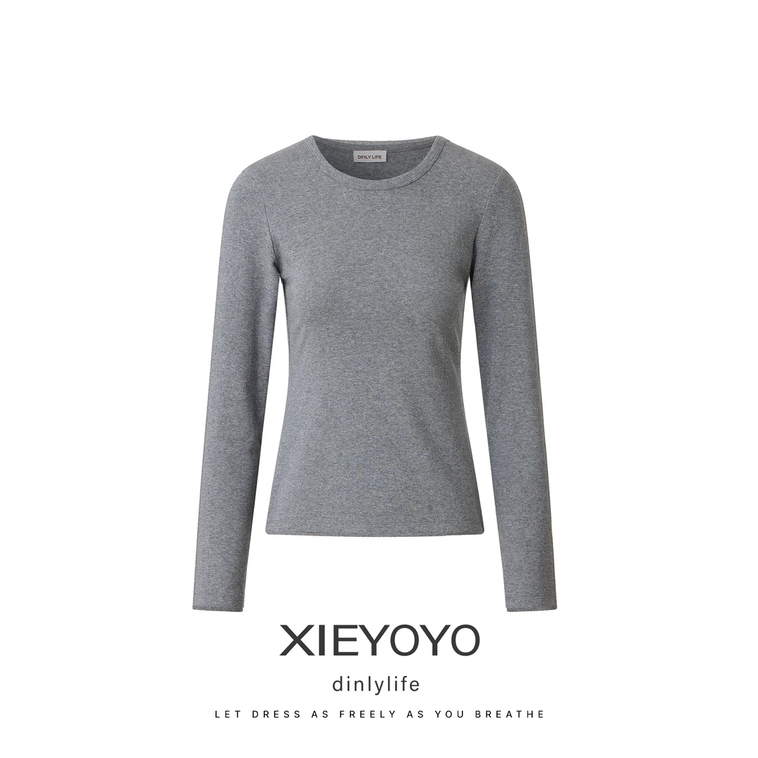 dinlylifeXIEYOYO正肩修身圆领长袖棉T恤打底简约秋冬百搭不变形