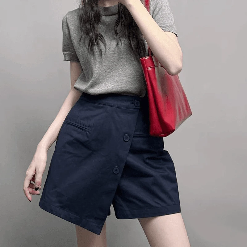 工装短裤女秋爆款胖MM大码梨形身材显瘦A字阔腿不规则休闲裙裤ins