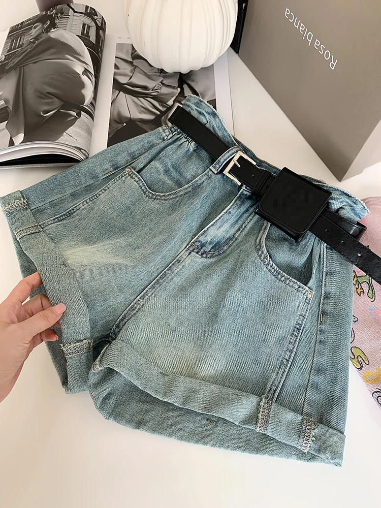 大码女式女装牛仔短裤夏季新款休闲提臀显瘦复古高腰流行阔腿热裤