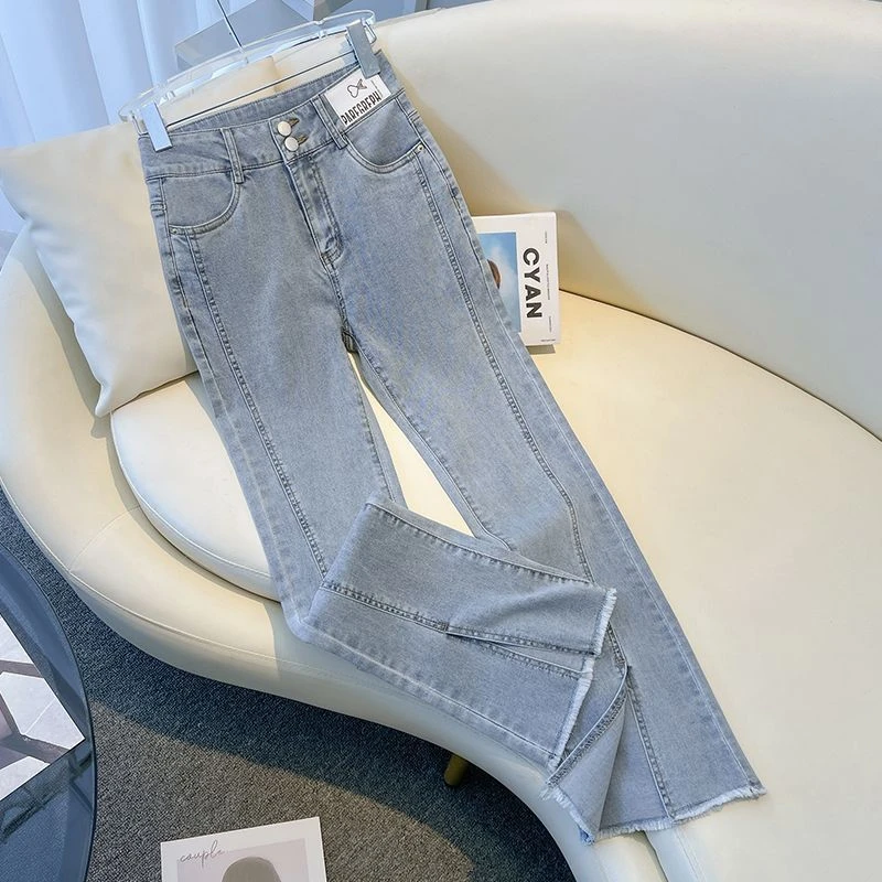 小个子高腰显瘦开叉喇叭裤子秋季新款胖MM大码小众浅色微喇牛仔裤