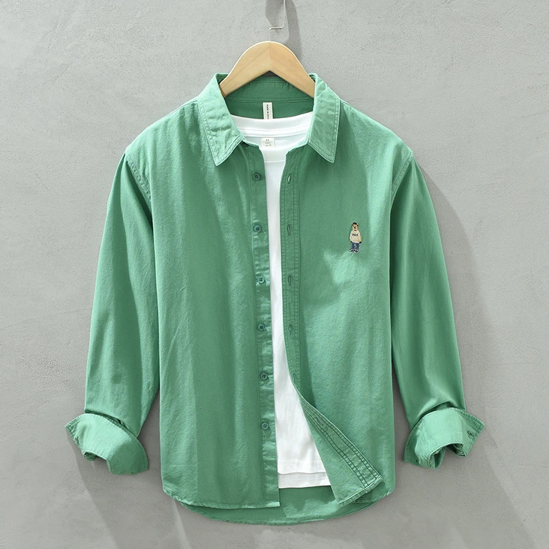 春秋季日系纯色休闲长袖衬衫文艺百搭小熊刺绣长袖全棉衬衣外套男