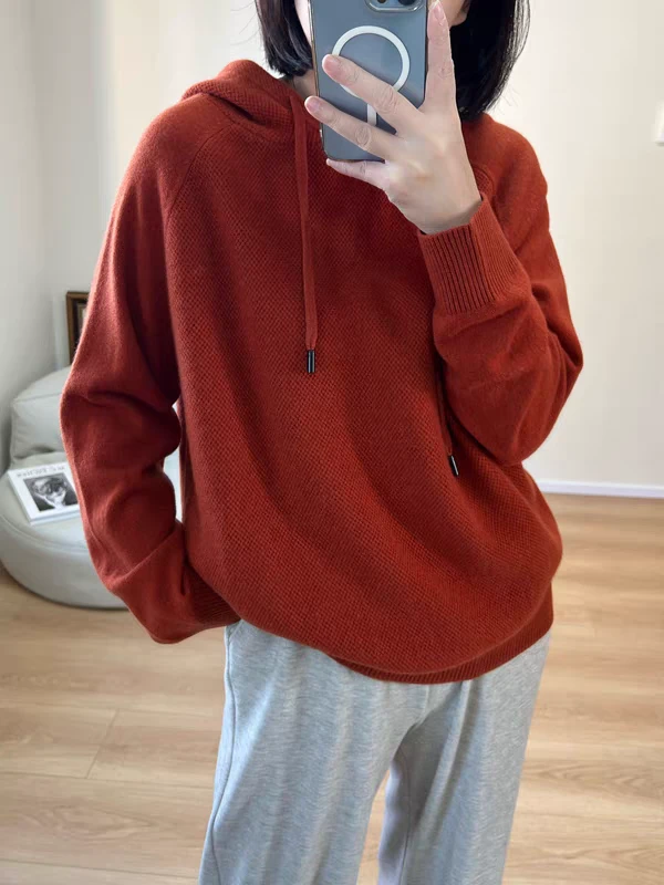 密实软糯菠萝针法 100 羊毛插肩袖显瘦宽松连帽针织毛衣内搭时尚