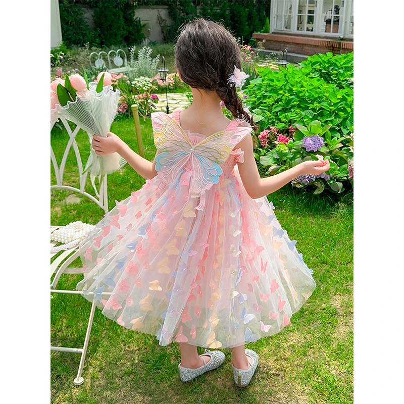 无袖连衣裙女童中小童公主裙夏新款洋气可爱七彩蝴蝶吊带裙6Y117