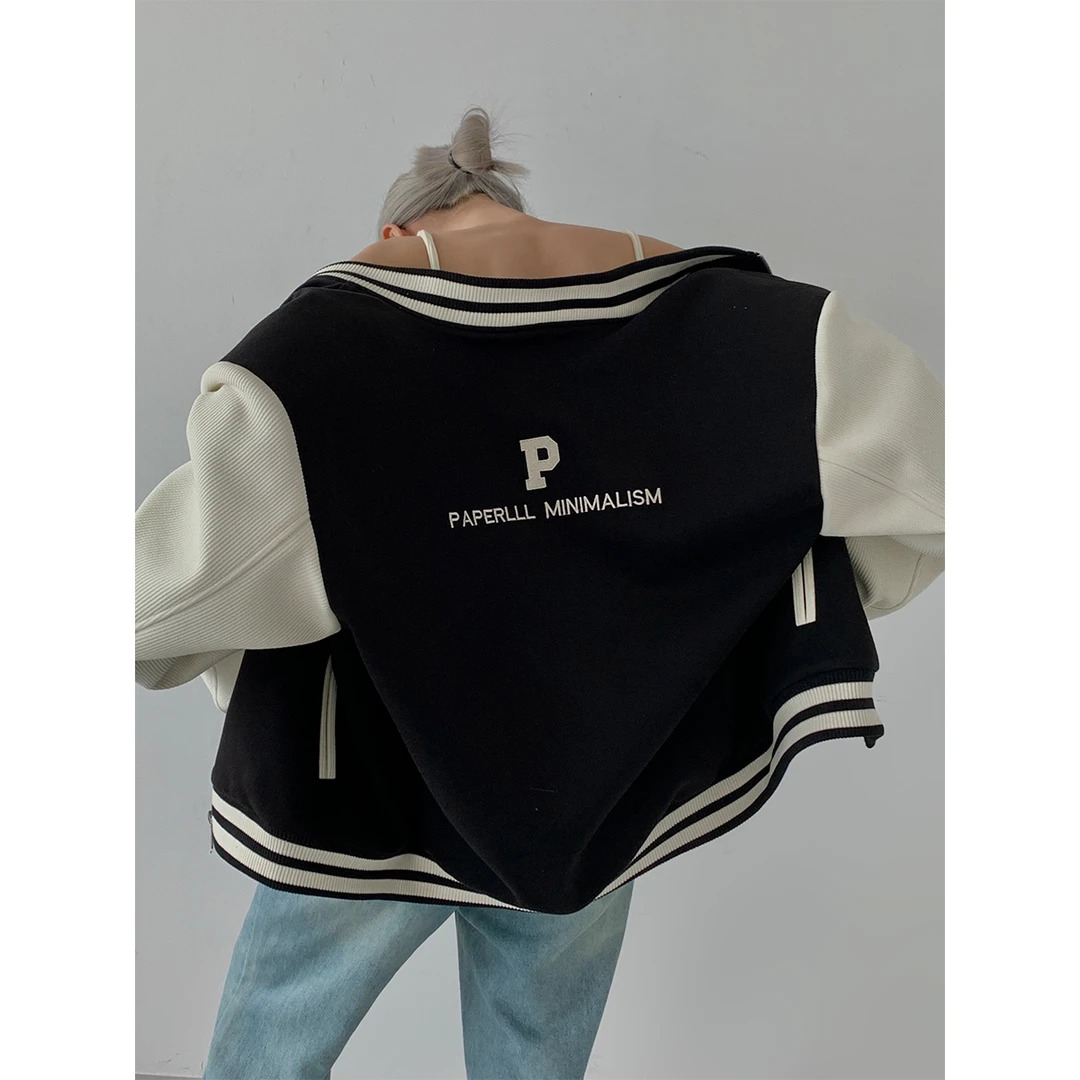 P1031Y2372美式复古街头感撞色logo加棉保暖ins棒球服外套女