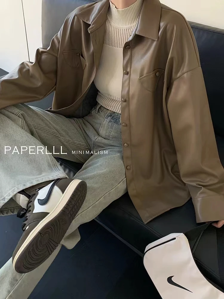P1009C2889 复古咖色蛋白皮衬衫保暖防风纯色简约皮衣外套时尚