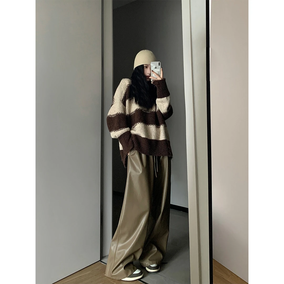 P0920K2855蛋白皮裤女2023新款秋款松紧高腰休闲直筒阔腿长裤