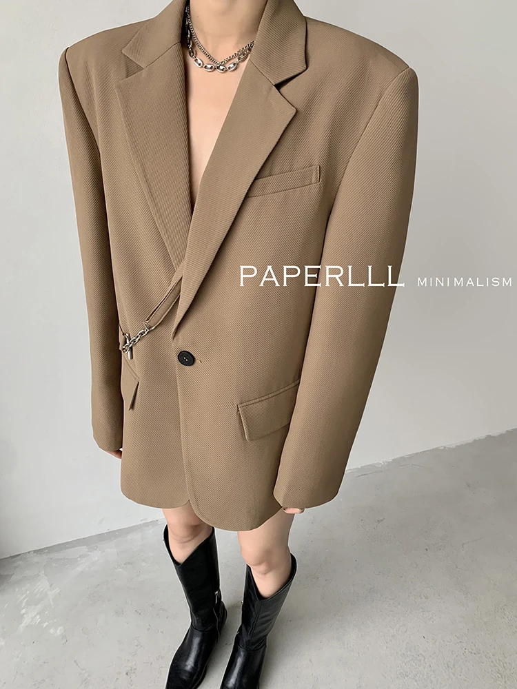 高级设计感纯色金属斜扣宽松休闲西装 P0131X2482