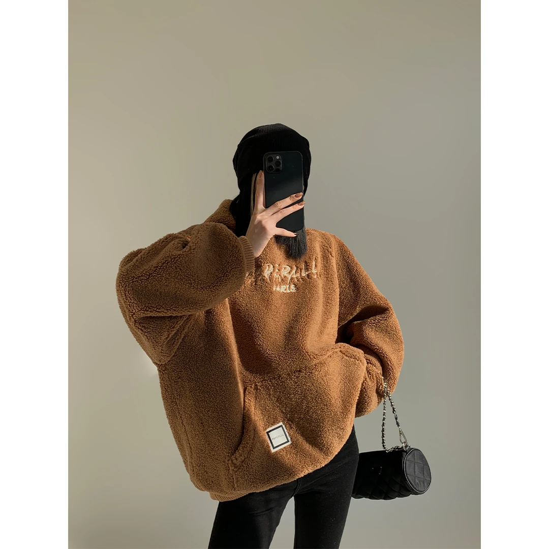 定制款logo羊羔毛加厚连帽毛毛卫衣女P1228Y1892