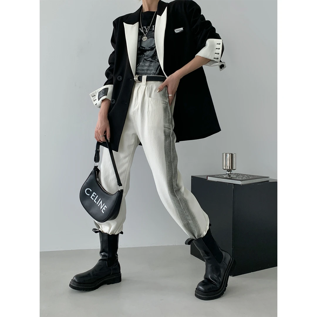 P1010K2323 个性黑色阴影拼色牛仔裤女修腿直筒宽松休闲长裤春秋