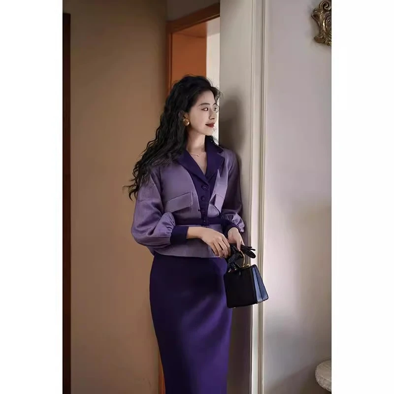 Chings 复古灯笼袖撞色毛呢套装 收腰显瘦西装夹克高腰裙直筒裙秋