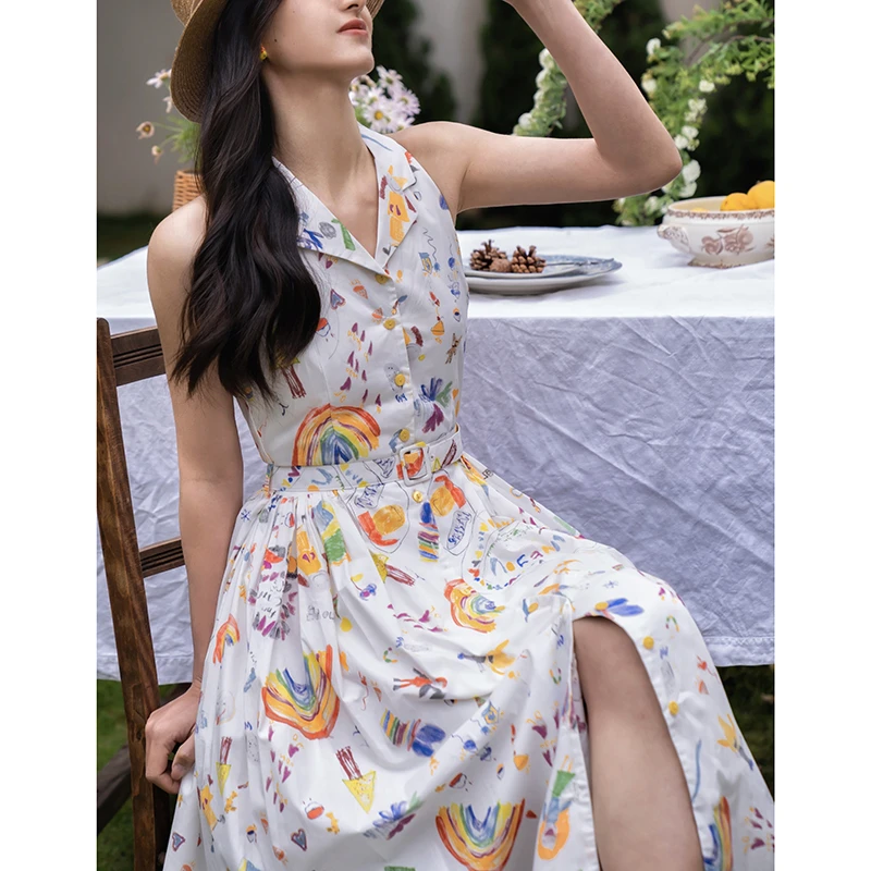 Ching's法式复古童趣彩虹印花坎肩连衣裙西装领气质精致a字大摆裙
