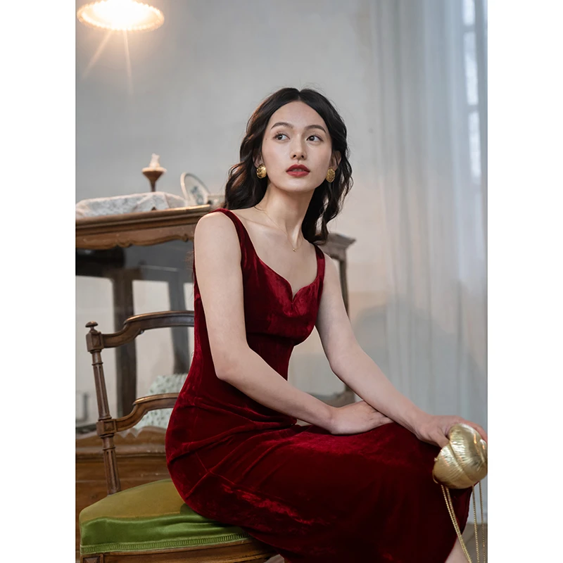 ching's气质优雅复古大方领吊带裙 开叉高腰显瘦直筒裙连衣裙