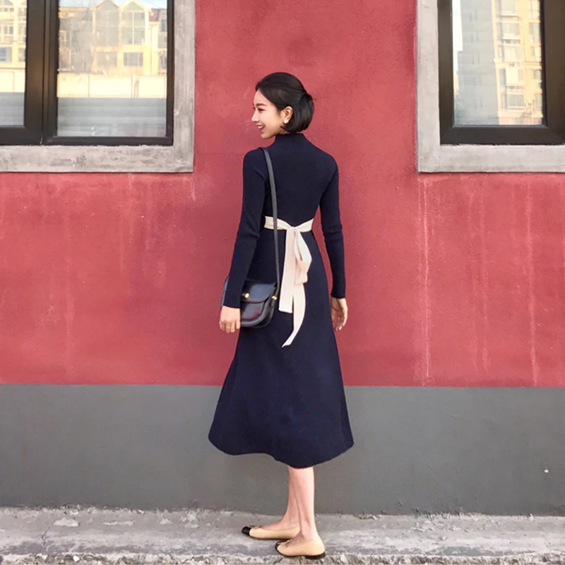 Ching's复古套头羊毛修身a字裙半高领超长款毛衣连衣裙