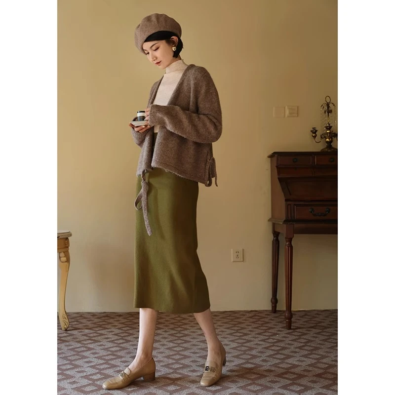 Chings 复古高腰包臀裙 显瘦百搭后开衩直筒裙秋针织半裙一步裙