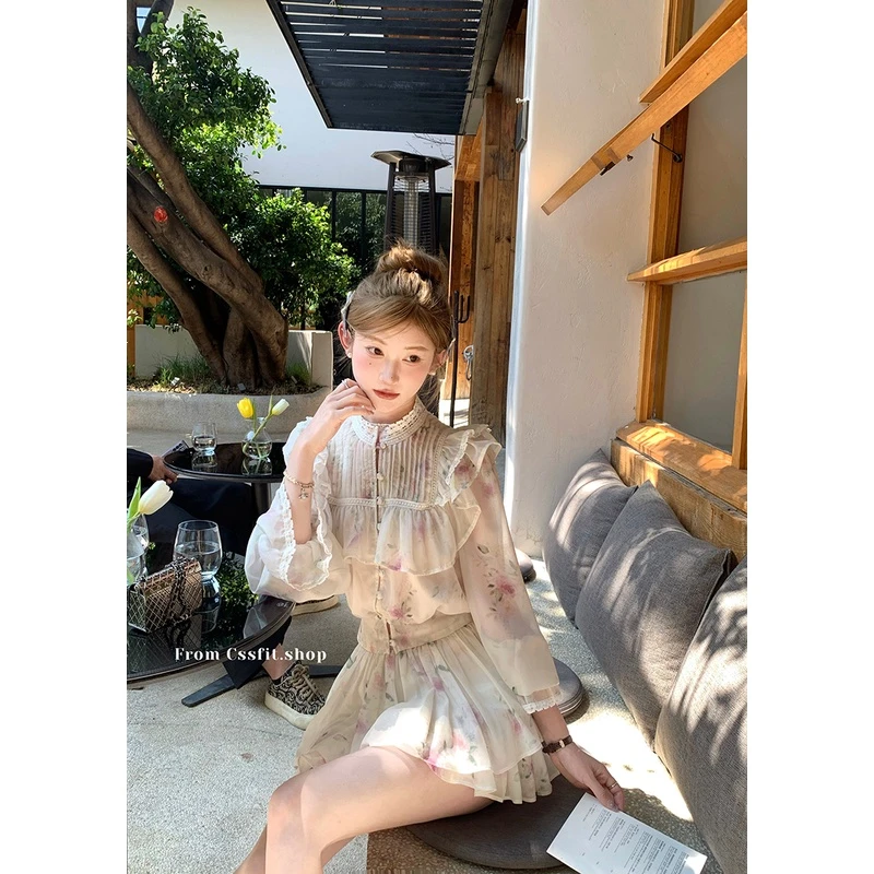 迟伞伞 24/ss 花落胭脂 轻中式刺绣蕾丝古风碎花衬衫+半裙套装