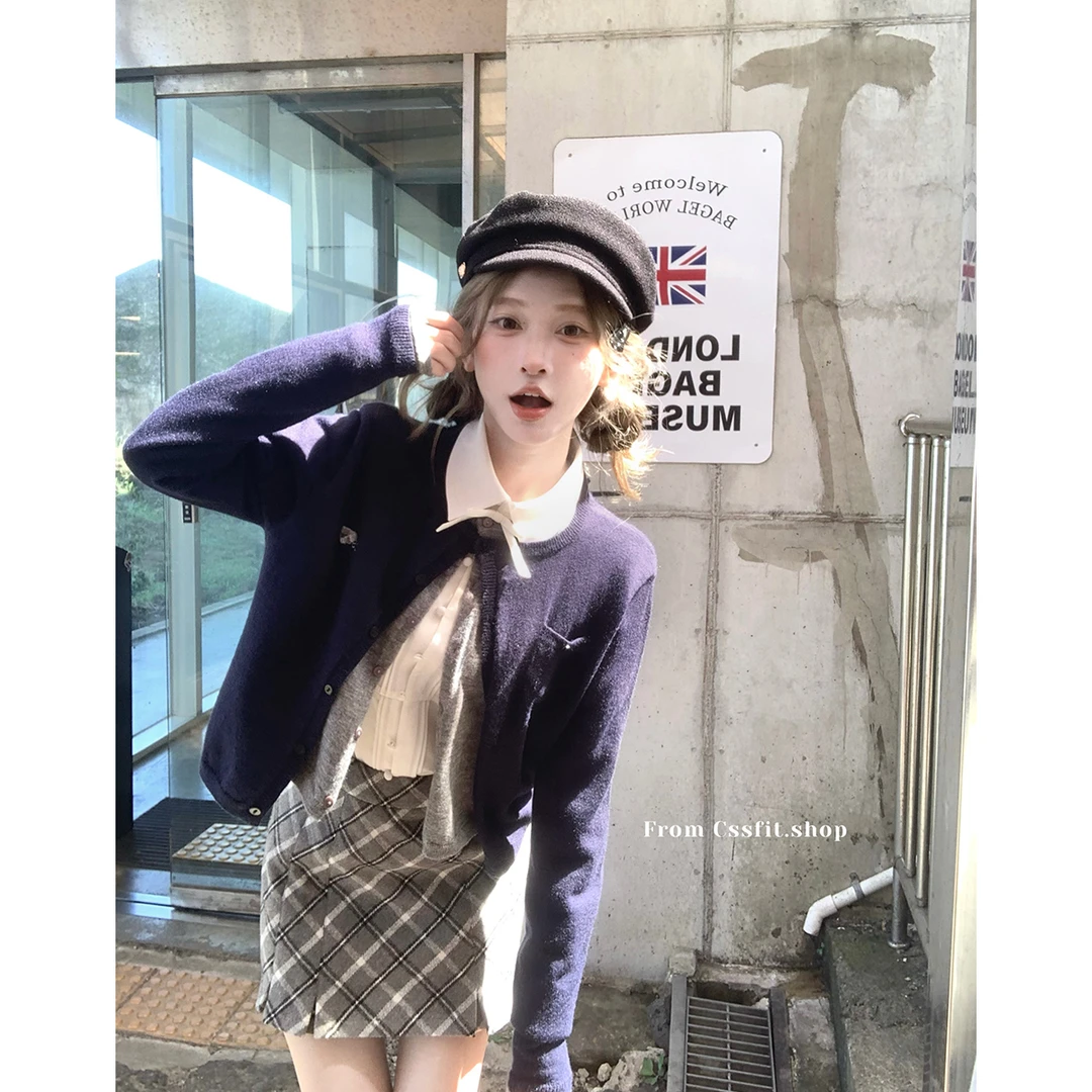 迟伞伞24/fw 格蕾日记 假两件撞色针织开衫重工刺绣抓襟白衬衫秋