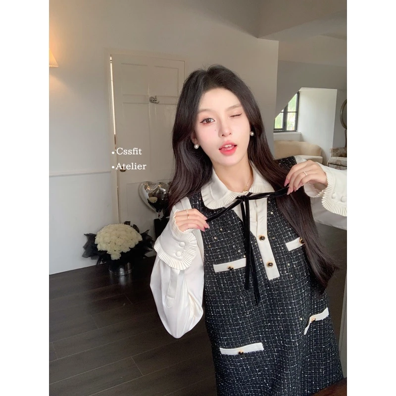 【折扣】迟伞伞 典藏版香香 bling闪闪细格拼色小香风背心连衣裙