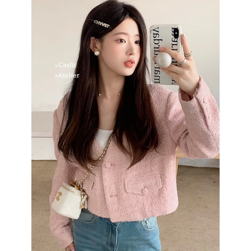 【折扣】蜜桃白兰地 落肩feel～粉色小香外套千金风短款上衣