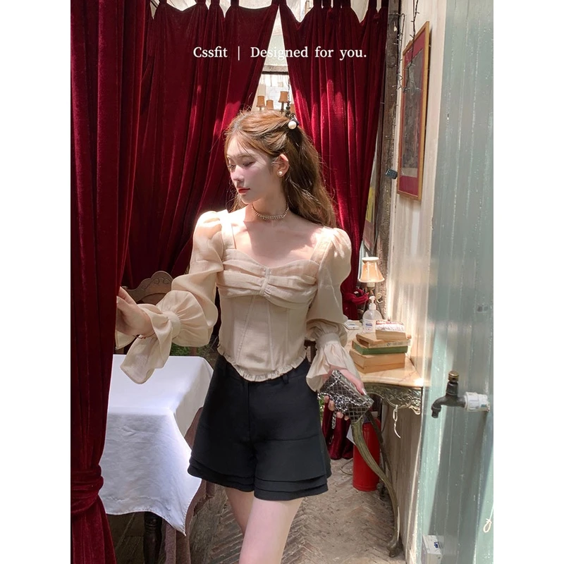 【折扣】迟伞伞 乱世佳人～重工jue美鱼骨宫廷裸感衬衫短款显瘦上衣