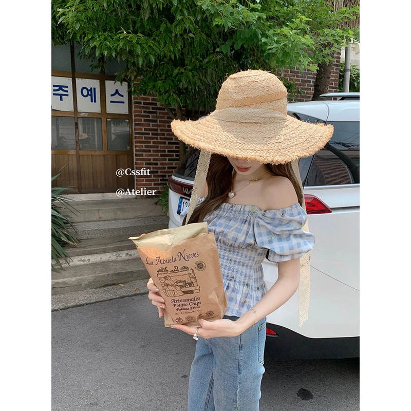 【折扣】迟伞伞 笑靥蓝风铃 法式方领泡泡袖蓝色格纹收腰荷叶边上衣