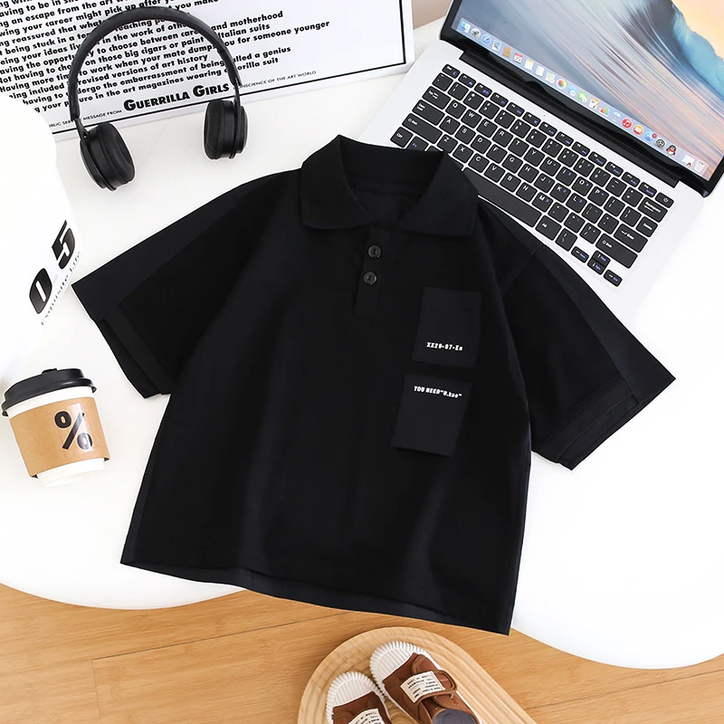男童翻领polo衫黑色翻领百搭半袖韩版宽松2024夏款帅气童装
