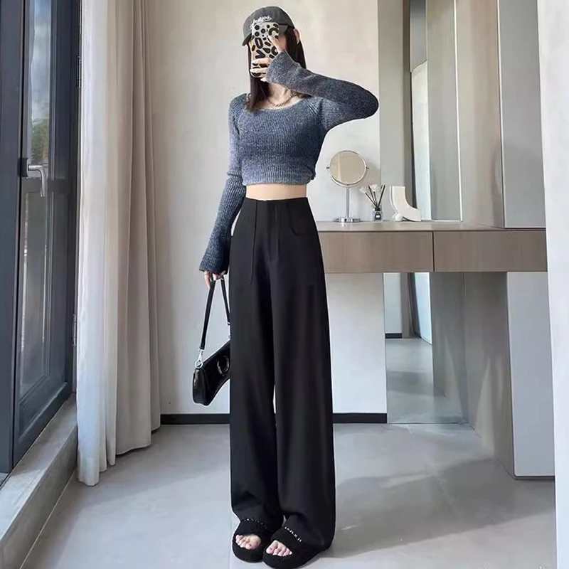 黑色高级感窄版阔腿裤女2024新款春秋高腰垂感显瘦直筒休闲西装裤