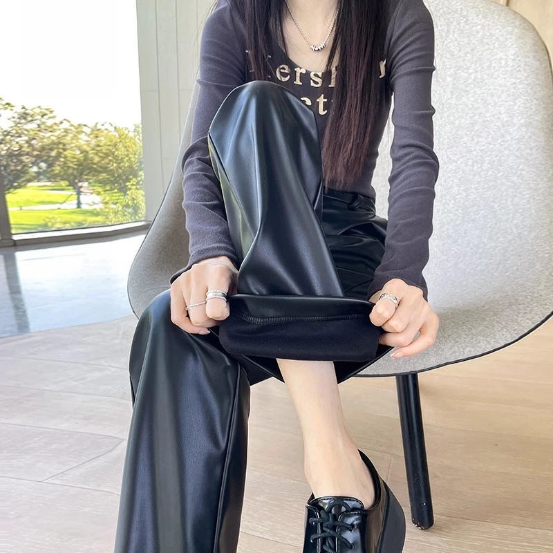 哑光直筒皮裤女秋冬新款洋气高腰宽松百搭显瘦高级休闲拖地阔腿裤