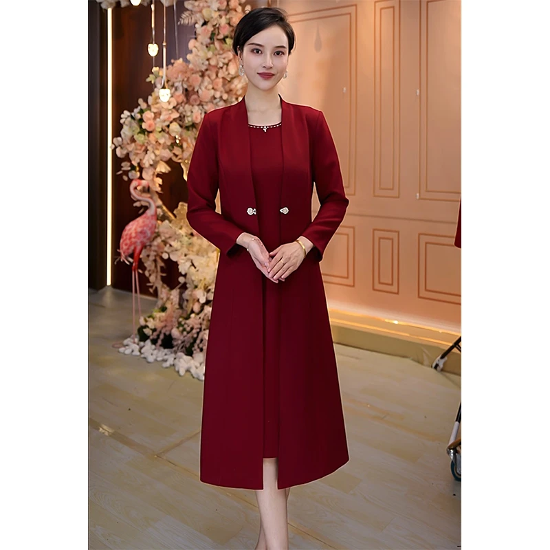 酒红色两件套秋冬加厚时尚显瘦高端婚礼喜婆婆妈妈气质大码连衣裙