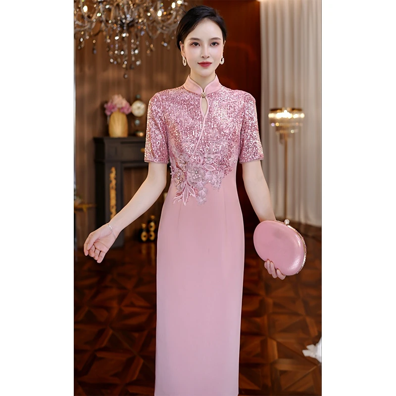 新中式旗袍连衣裙显瘦高贵优雅气质妈妈酒红色大码喜婆婆婚宴装