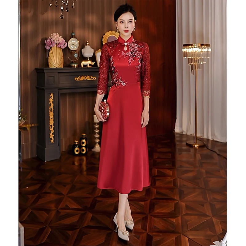 礼服轻奢时尚气质修身酒红色缎面高贵优雅婚礼妈妈喜婆婆旗袍裙