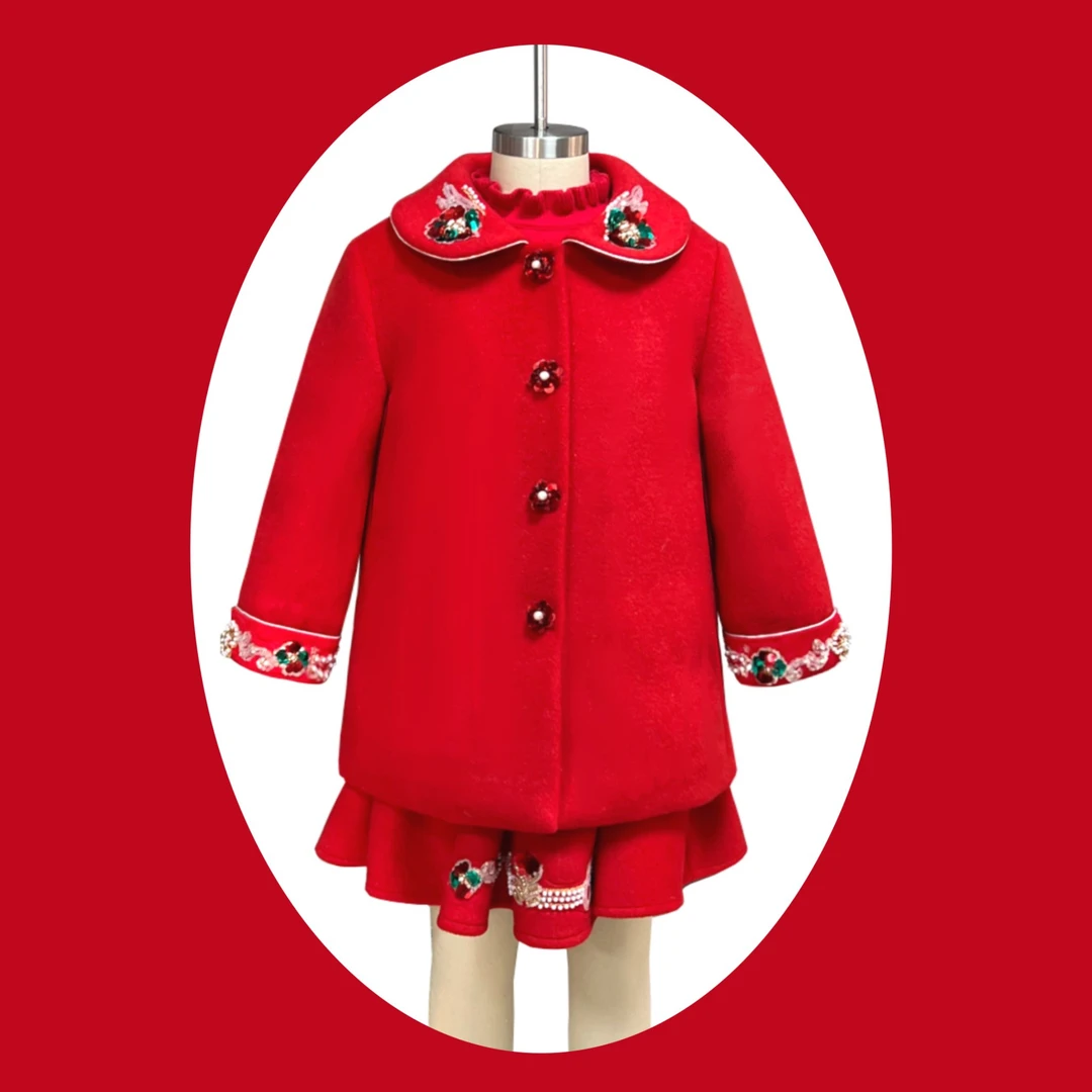 【玲珑红豆】女童90白鸭绒新年红色毛呢秋冬拜年服中长款冬季羽绒服