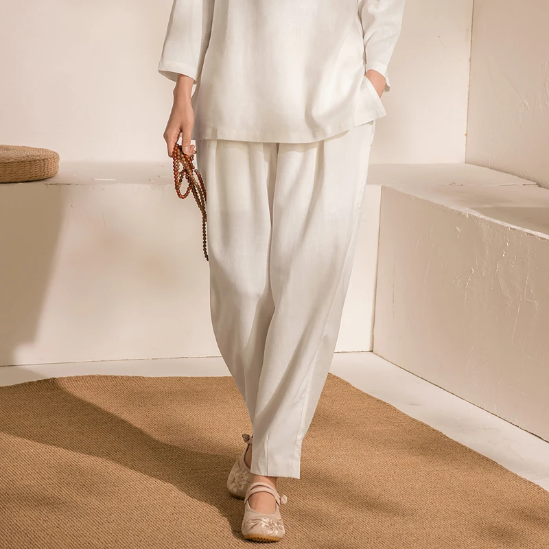 美愫棉麻瑜伽裤女宽松运动秋冬加绒保暖打坐冥想直筒裤长裤九分裤