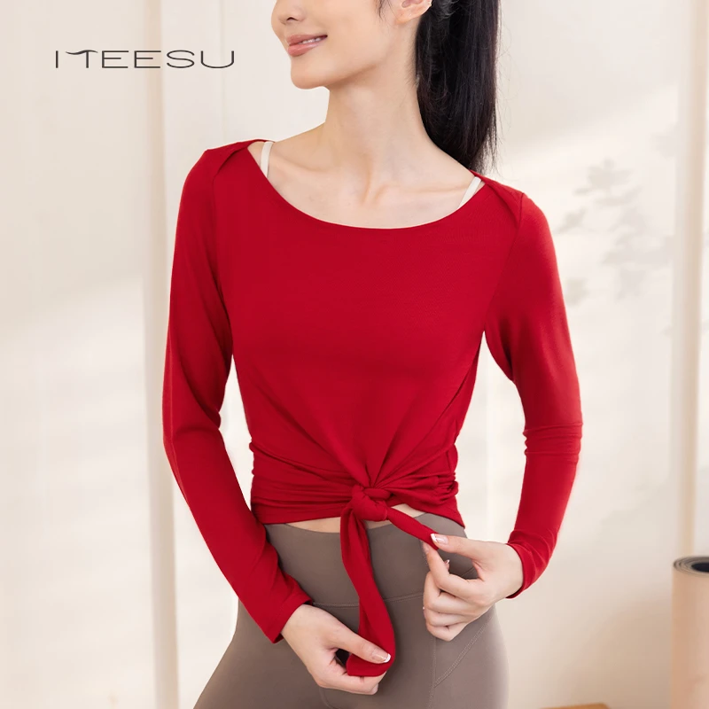 美愫瑜伽服罩衫女上衣秋冬新款长袖绑带一字领时尚修身运动健身服