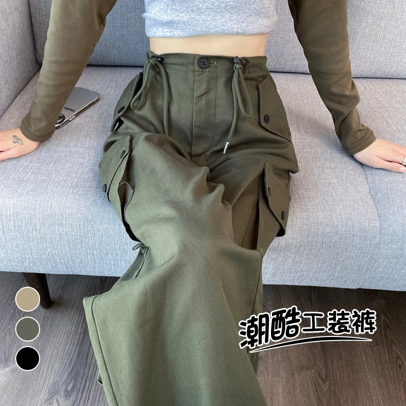 美式高街潮酷工装裤女2023春秋季时尚高腰阔腿复古显瘦宽松运动裤