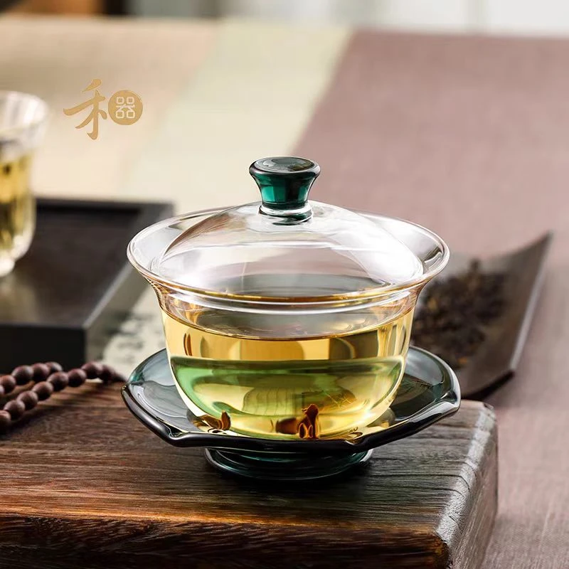 禾器禾器  禅语盖碗  墨绿色 高硼硅耐热玻璃泡茶器三才盖碗
