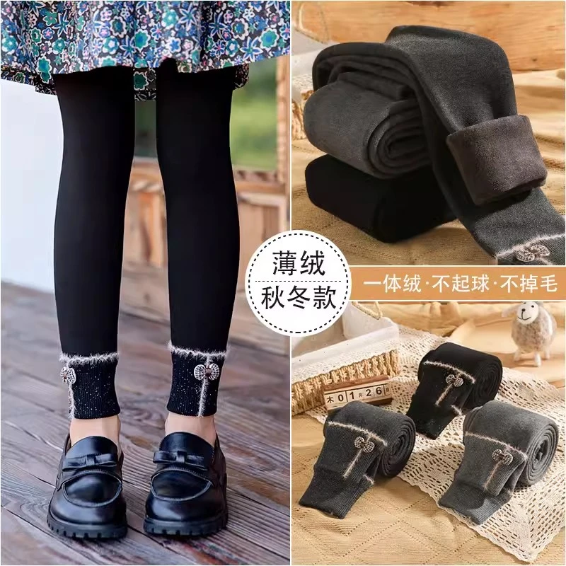 女童打底裤加厚加绒秋冬款蝴蝶结九分裤外穿保暖儿童裤子