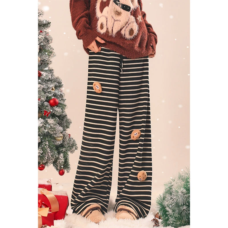 自然涩冬季条纹休闲卫裤女春秋新款慵懒风宽松阔腿小熊饼干长裤子