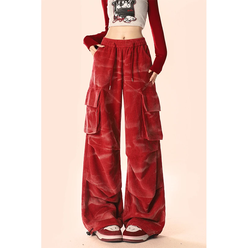 自然涩红色灯芯绒工装裤女春秋季扎染褶皱直筒宽松休闲阔腿长裤子