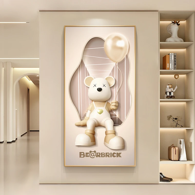 暴力熊玄关装饰画奶油风潮流走廊过道挂画现代简约高级感竖版壁画