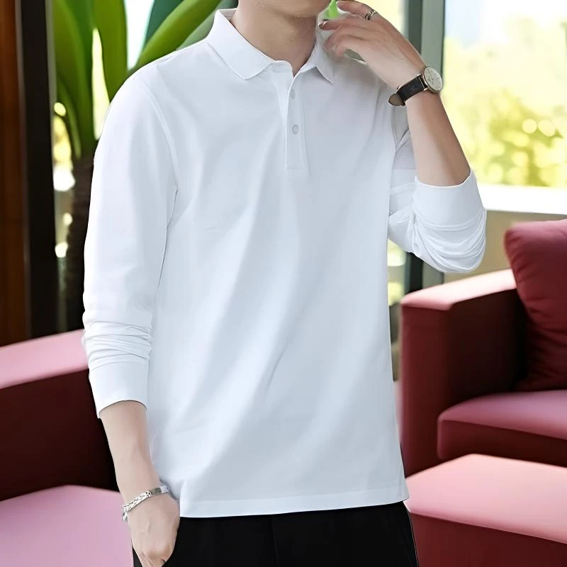 2024年秋季新款男士打底长袖polo衫韩版宽松纯色百搭休闲潮流修身